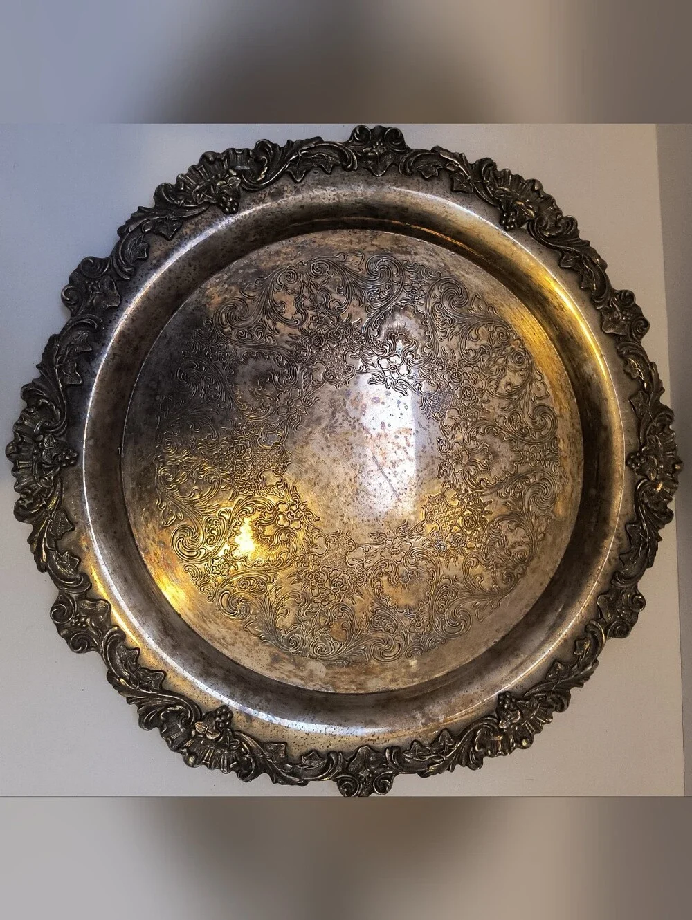 Vintage Wilcox Chased Silverplate Platter 15 Inch Round - Ornate Grape & Scroll